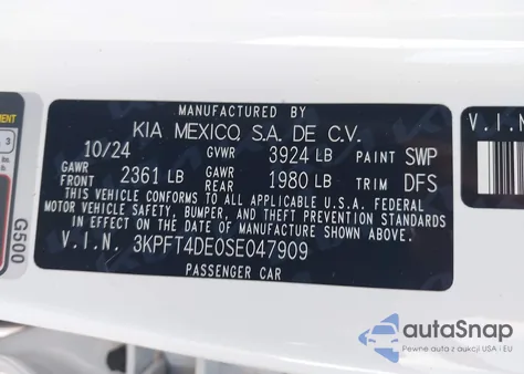2025 Kia K4 Lxs z USA, uszkodzony, nr VIN 3KPFT4DE0SE047909